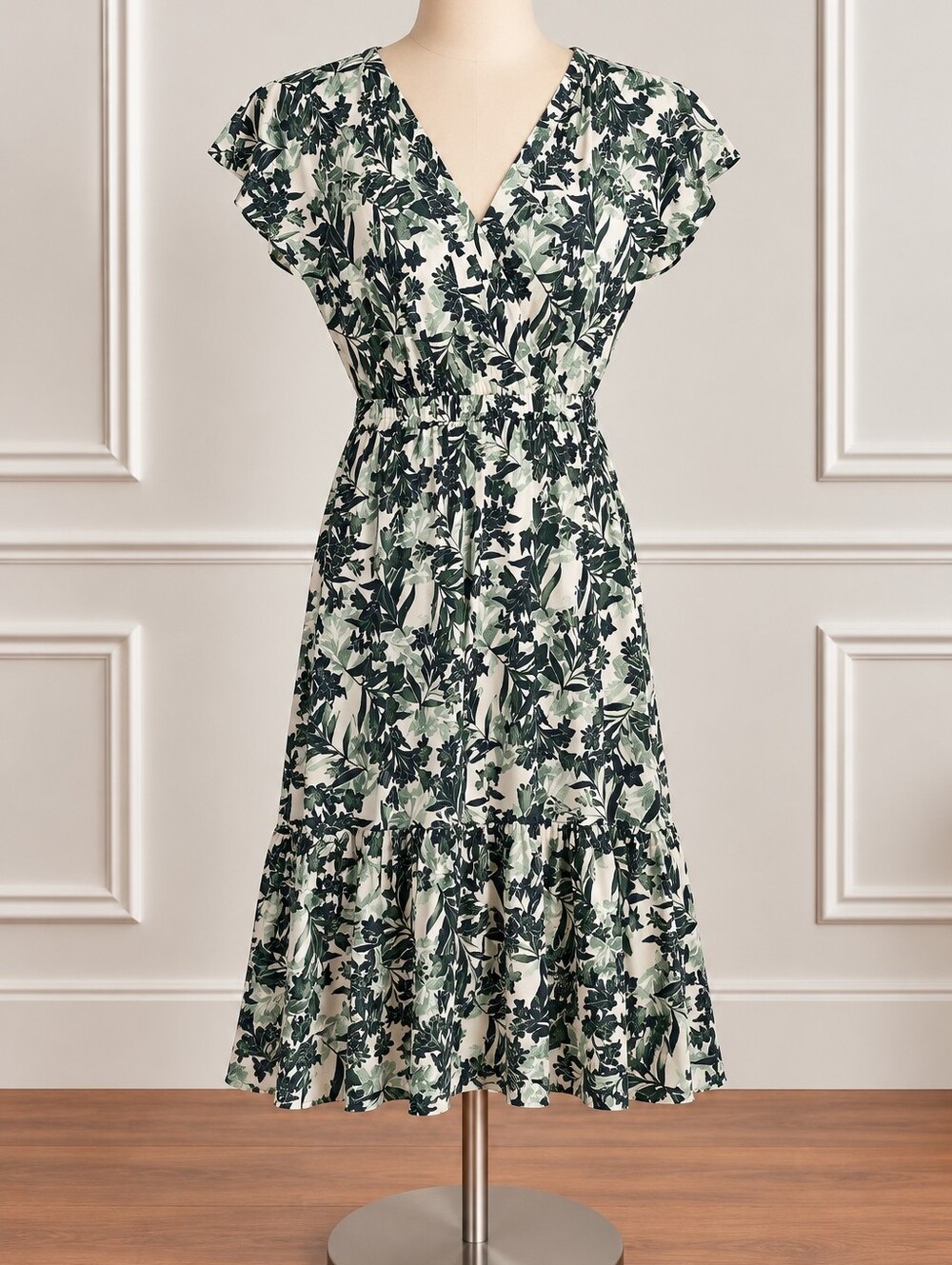 Style & Co. Green and White Botanical Wrap Midi Dress